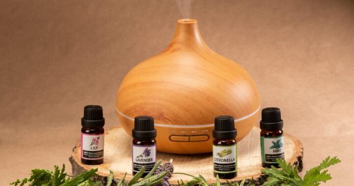 Wooden diffuser with essential oils, perfect for relaxation and aromatherapy needs.